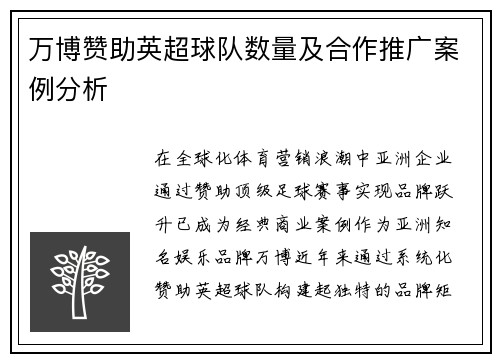 万博赞助英超球队数量及合作推广案例分析