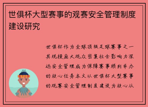 世俱杯大型赛事的观赛安全管理制度建设研究