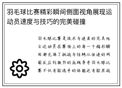 羽毛球比赛精彩瞬间侧面视角展现运动员速度与技巧的完美碰撞