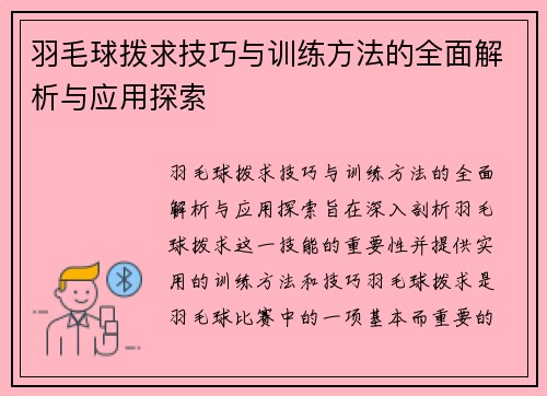 羽毛球拨求技巧与训练方法的全面解析与应用探索