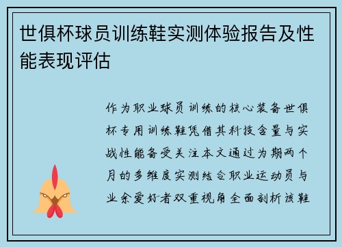 世俱杯球员训练鞋实测体验报告及性能表现评估