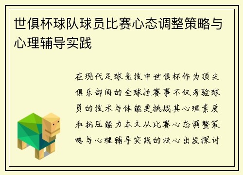世俱杯球队球员比赛心态调整策略与心理辅导实践